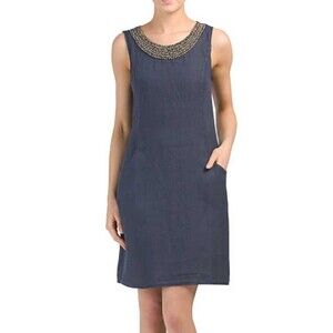 Lina Tomei chambray blue 100% linen shift dress‎ metal beaded neckline Italy